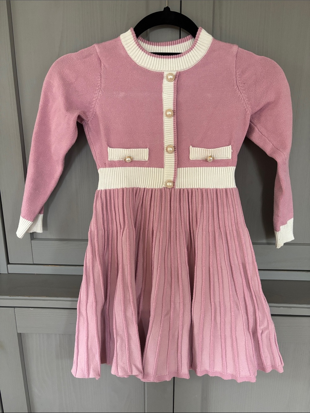 Grace Karin Pink Knit Long-Sleeve Dress with Ivory Trim